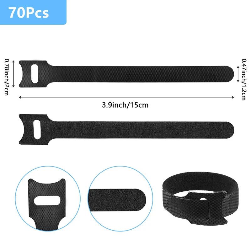 70 Stück 15cm Klett Kabelbinder Wiederverschließbar, Schwarz Kabel Klettband Klettkabelbinder Wiederverwendbar, Kabelklett Klettverschluss Band für Kabelmanagement, Cable Organizer,