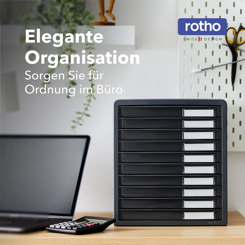 Rotho Timeless Schubladenbox / Bürobox mit 10 Schüben, Kunststoff (PS) BPA-frei, anthrazit, (34.5 x 29.0 x 32.0 cm), Grau