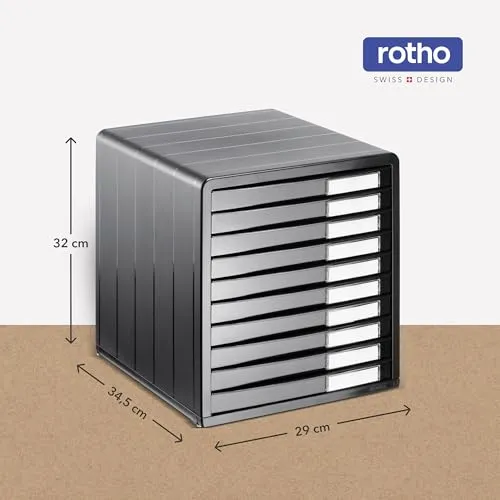 Rotho Timeless Schubladenbox / Bürobox mit 10 Schüben, Kunststoff (PS) BPA-frei, anthrazit, (34.5 x 29.0 x 32.0 cm), Grau