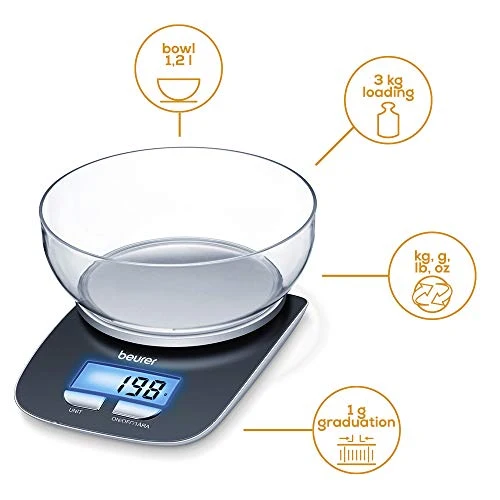 Beurer KS 25 Küchenwaage mit 1,2l Wiegeschüssel, digitale Küchenwaage mit Tara-Zuwiegefunktion und 3kg Tragkraft, (L x B x H) 220 x 150 x 50 mm
