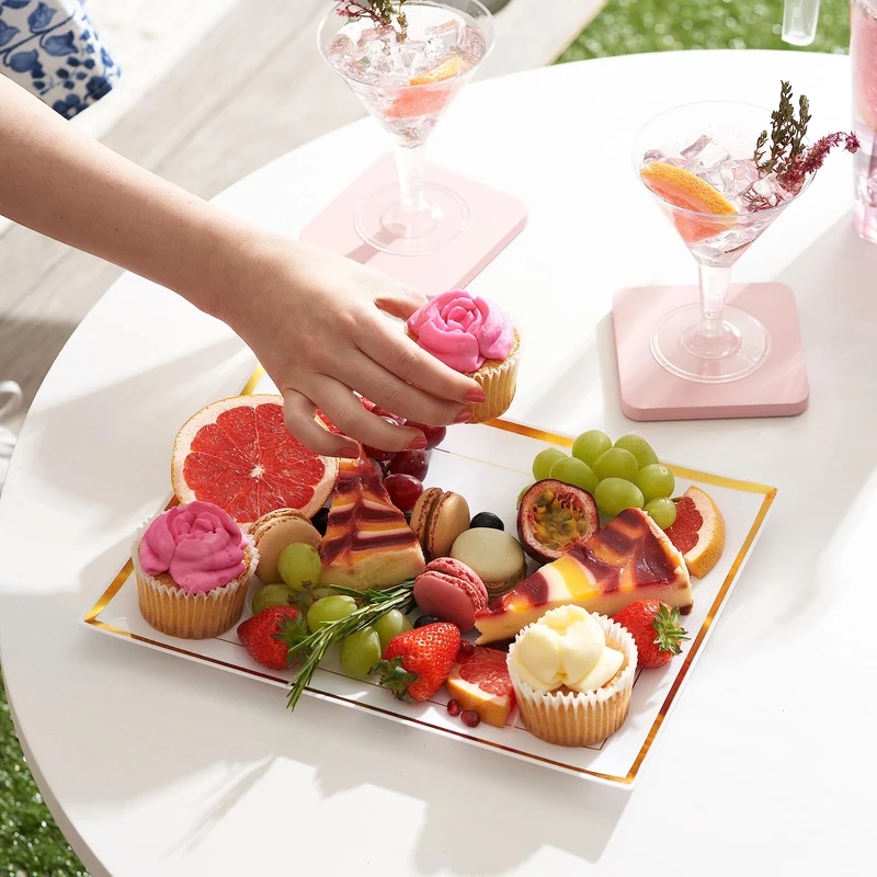 MATANA 6 Weiße Plastik Servierplatten mit Goldrand für Vorspeisen & Fingerfood - Catering, Buffets, Geburtstage, Hochzeiten & Partys - 30x 22 cm