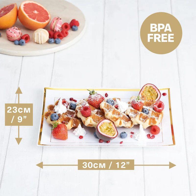 MATANA 6 Weiße Plastik Servierplatten mit Goldrand für Vorspeisen & Fingerfood - Catering, Buffets, Geburtstage, Hochzeiten & Partys - 30x 22 cm