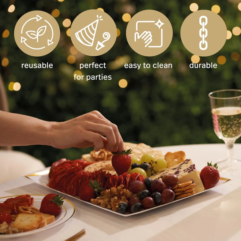 MATANA 6 Weiße Plastik Servierplatten mit Goldrand für Vorspeisen & Fingerfood - Catering, Buffets, Geburtstage, Hochzeiten & Partys - 30x 22 cm