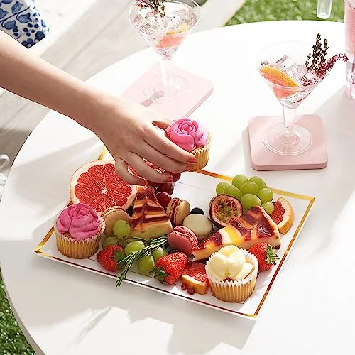 MATANA 6 Weiße Plastik Servierplatten mit Goldrand für Vorspeisen & Fingerfood - Catering, Buffets, Geburtstage, Hochzeiten & Partys - 30x 22 cm