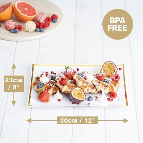 MATANA 6 Weiße Plastik Servierplatten mit Goldrand für Vorspeisen & Fingerfood - Catering, Buffets, Geburtstage, Hochzeiten & Partys - 30x 22 cm