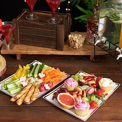 MATANA 6 Weiße Plastik Servierplatten mit Goldrand für Vorspeisen & Fingerfood - Catering, Buffets, Geburtstage, Hochzeiten & Partys - 30x 22 cm