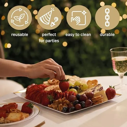 MATANA 6 Weiße Plastik Servierplatten mit Goldrand für Vorspeisen & Fingerfood - Catering, Buffets, Geburtstage, Hochzeiten & Partys - 30x 22 cm