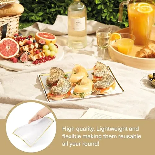 MATANA 6 Weiße Plastik Servierplatten mit Goldrand für Vorspeisen & Fingerfood - Catering, Buffets, Geburtstage, Hochzeiten & Partys - 30x 22 cm