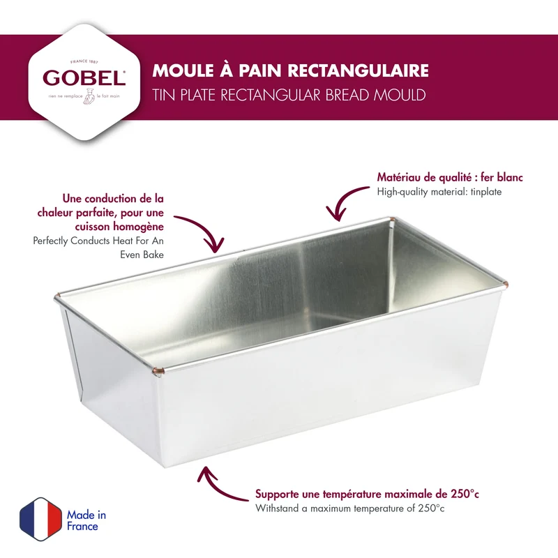 GOBEL - Brotbackform Rechteckig - 24 * 12 cm - Unverformbar - Weißblech - Recycelbares Material - Hervorragende Wärmeleitfähigkeit - Hergestellt in Frankreich.