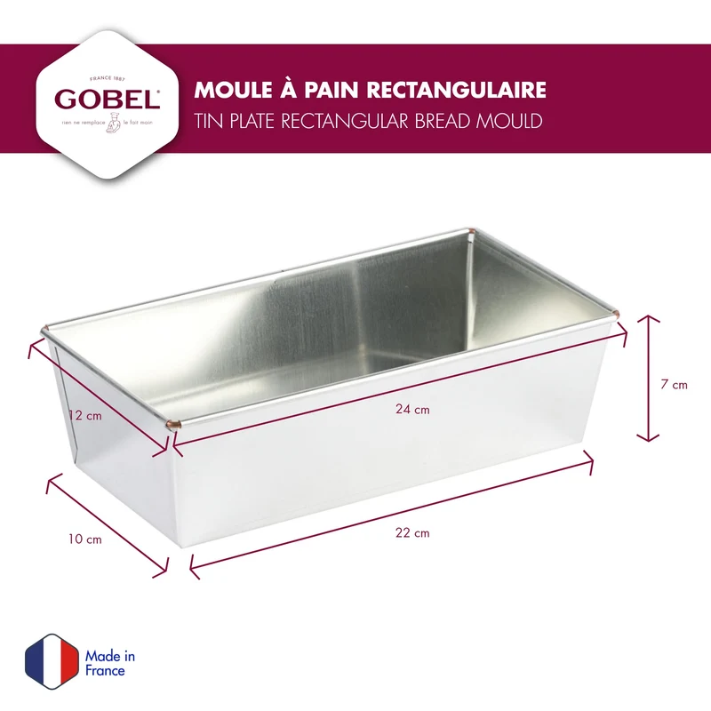 GOBEL - Brotbackform Rechteckig - 24 * 12 cm - Unverformbar - Weißblech - Recycelbares Material - Hervorragende Wärmeleitfähigkeit - Hergestellt in Frankreich.