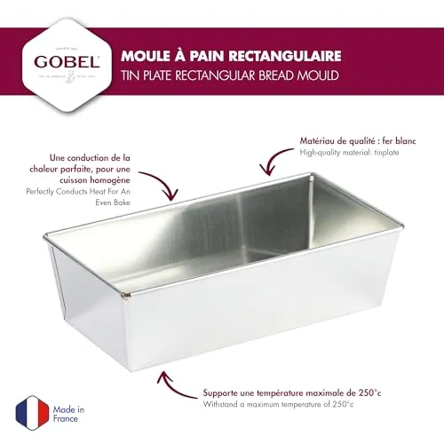 GOBEL - Brotbackform Rechteckig - 24 * 12 cm - Unverformbar - Weißblech - Recycelbares Material - Hervorragende Wärmeleitfähigkeit - Hergestellt in Frankreich.