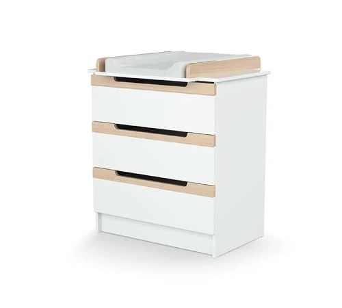 AT4 Carrousel Baby-Wickelkommode mit 3 Schubladen, Holz, Weiß/Buche, lackiert, 79 x 65,5 x 94 cm