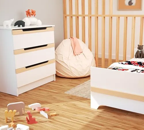 AT4 Carrousel Baby-Wickelkommode mit 3 Schubladen, Holz, Weiß/Buche, lackiert, 79 x 65,5 x 94 cm