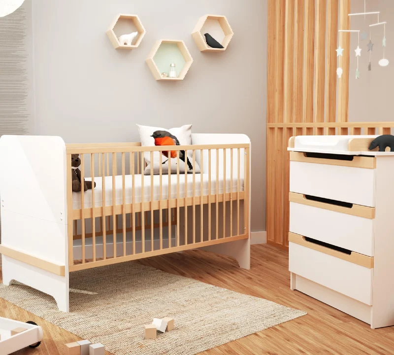 AT4 Carrousel Baby-Wickelkommode mit 3 Schubladen, Holz, Weiß/Buche, lackiert, 79 x 65,5 x 94 cm