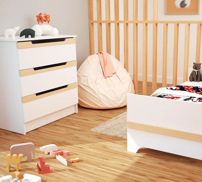 AT4 Carrousel Baby-Wickelkommode mit 3 Schubladen, Holz, Weiß/Buche, lackiert, 79 x 65,5 x 94 cm