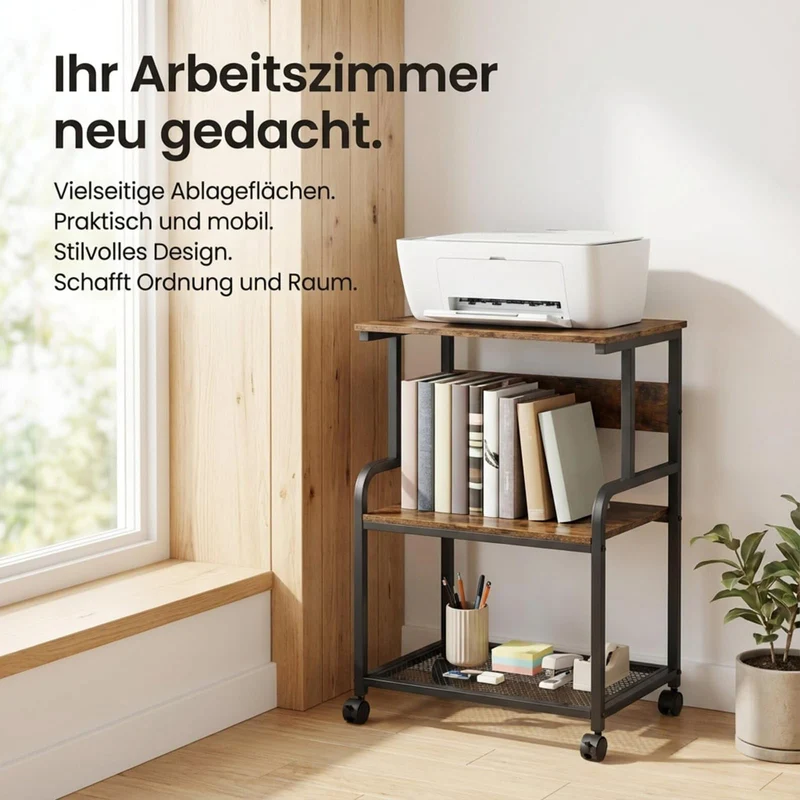 3-Stufiger Druckertisch mit Rollen, Druckerständer aus Holz & Metall 50x40x80 cm, Rolltisch bis 70 kg belastbar, Industriestil für 3D-Drucker & Heimbüro