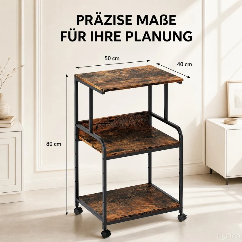 3-Stufiger Druckertisch mit Rollen, Druckerständer aus Holz & Metall 50x40x80 cm, Rolltisch bis 70 kg belastbar, Industriestil für 3D-Drucker & Heimbüro