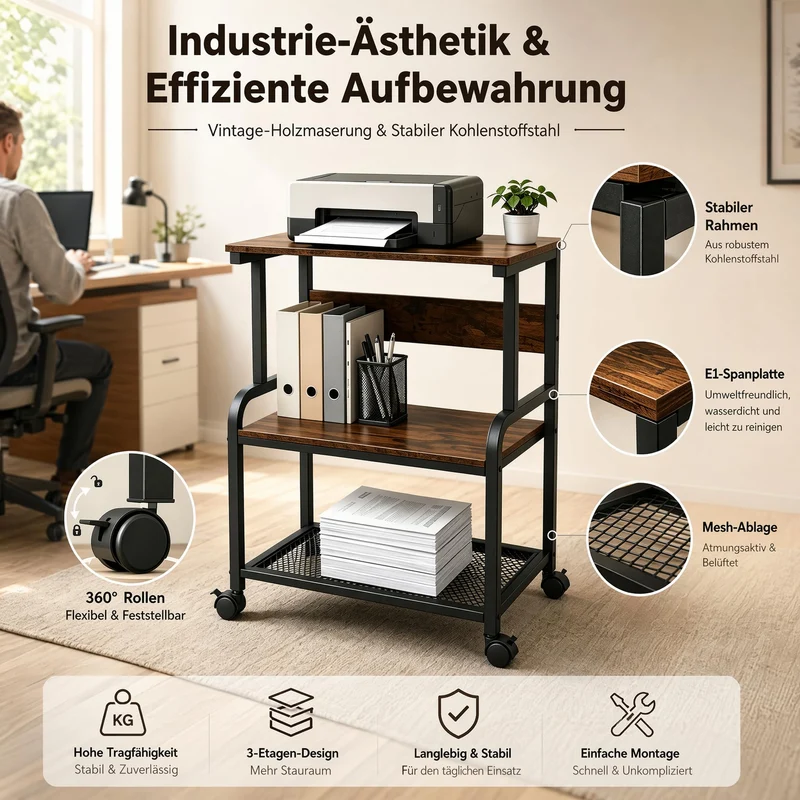 3-Stufiger Druckertisch mit Rollen, Druckerständer aus Holz & Metall 50x40x80 cm, Rolltisch bis 70 kg belastbar, Industriestil für 3D-Drucker & Heimbüro