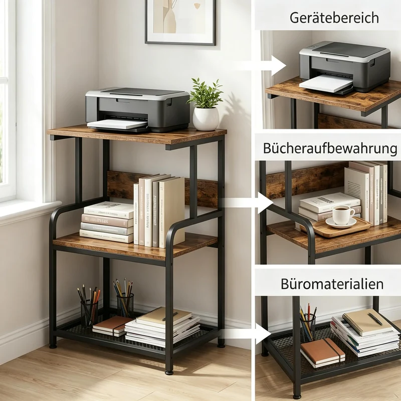 3-Stufiger Druckertisch mit Rollen, Druckerständer aus Holz & Metall 50x40x80 cm, Rolltisch bis 70 kg belastbar, Industriestil für 3D-Drucker & Heimbüro