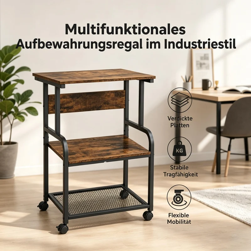 3-Stufiger Druckertisch mit Rollen, Druckerständer aus Holz & Metall 50x40x80 cm, Rolltisch bis 70 kg belastbar, Industriestil für 3D-Drucker & Heimbüro