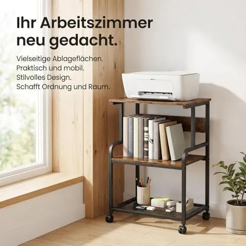 3-Stufiger Druckertisch mit Rollen, Druckerständer aus Holz & Metall 50x40x80 cm, Rolltisch bis 70 kg belastbar, Industriestil für 3D-Drucker & Heimbüro