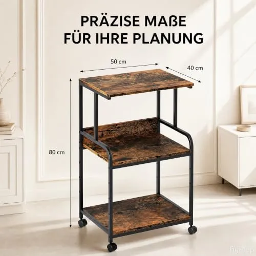 3-Stufiger Druckertisch mit Rollen, Druckerständer aus Holz & Metall 50x40x80 cm, Rolltisch bis 70 kg belastbar, Industriestil für 3D-Drucker & Heimbüro