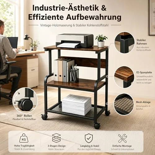 3-Stufiger Druckertisch mit Rollen, Druckerständer aus Holz & Metall 50x40x80 cm, Rolltisch bis 70 kg belastbar, Industriestil für 3D-Drucker & Heimbüro