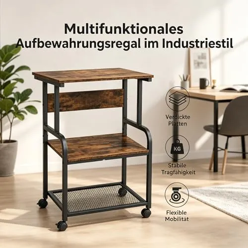 3-Stufiger Druckertisch mit Rollen, Druckerständer aus Holz & Metall 50x40x80 cm, Rolltisch bis 70 kg belastbar, Industriestil für 3D-Drucker & Heimbüro