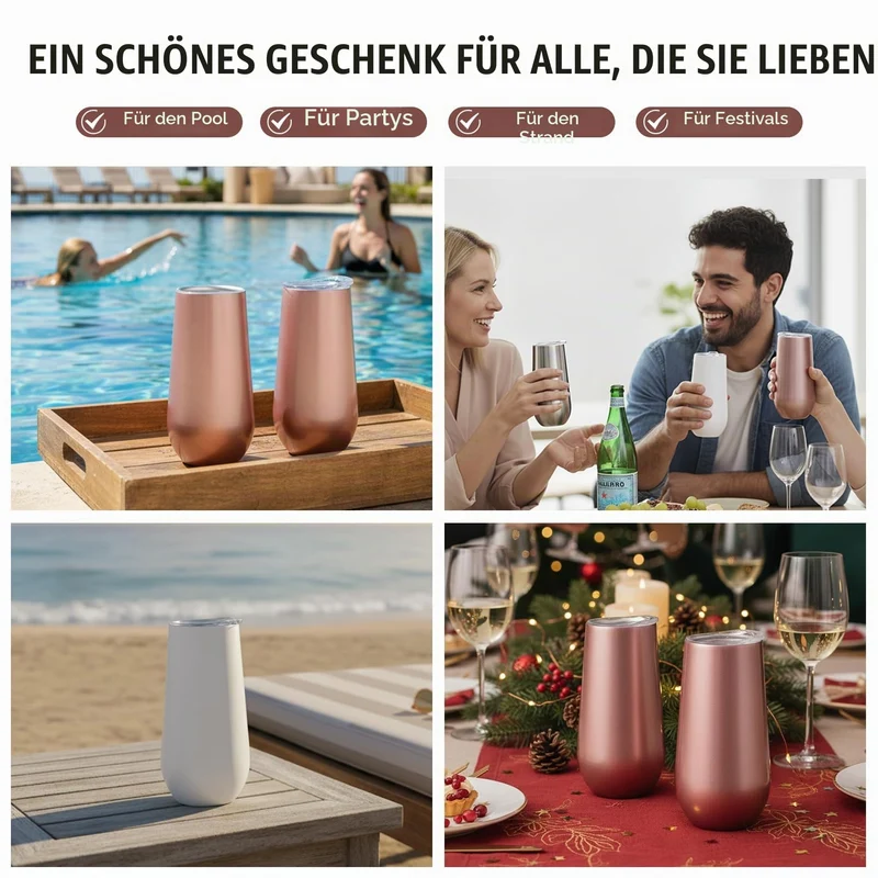 Sivaphe Sektkelche Champagnerglas 2er Set Edelstahl Doppelwandig Thermol Weingläser mit Deckel für Weihnachten (Rosengold.)