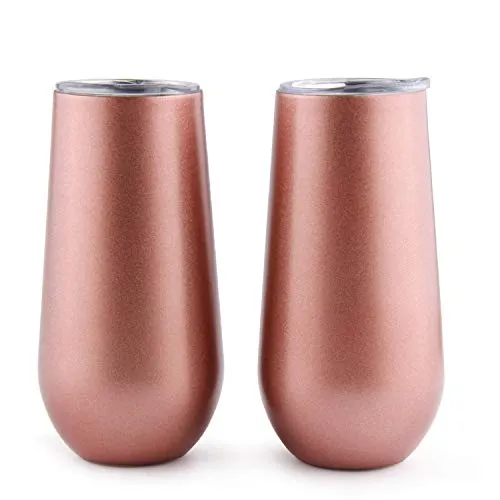 Sivaphe Sektkelche Champagnerglas 2er Set Edelstahl Doppelwandig Thermol Weingläser mit Deckel für Weihnachten (Rosengold.)