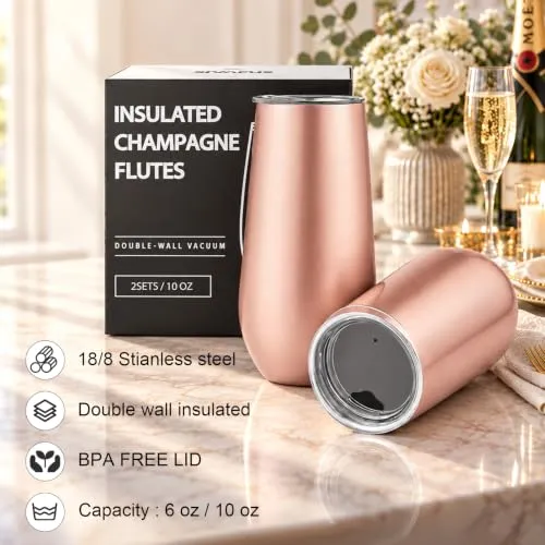 Sivaphe Sektkelche Champagnerglas 2er Set Edelstahl Doppelwandig Thermol Weingläser mit Deckel für Weihnachten (Rosengold.)