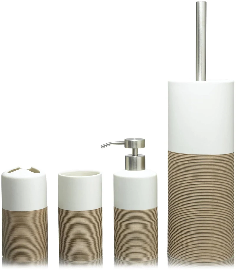 Sealskin Doppio Seifenspender, aus natürlichem Porzellan, freistehend und somit flexibel ohne Bohren zu platzieren, für Badezimmer und Küche, Farbe: Sand, handbemalt