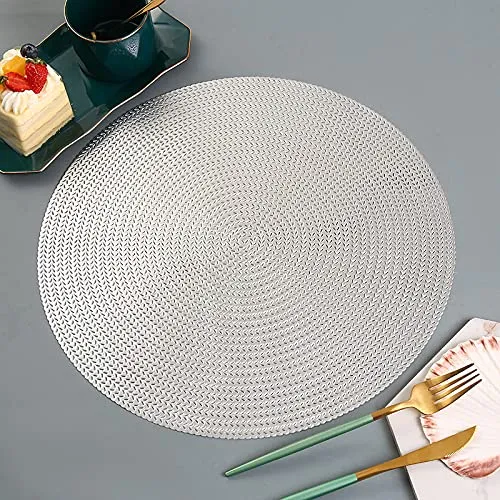 4er Pack PVC Tischsets - Hohl, Hitzebeständig, Rutschfest, Rund, Wheatear Dekorativ für die Wohnküche (Silber)