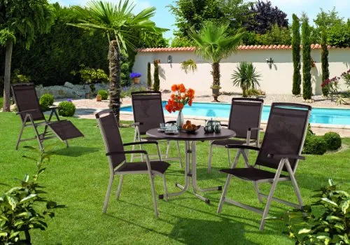 Sieger Boulevard-Klapptisch mit mecalit-Pro-Dekorplatte, Ø 100 cm, champagner, Schieferdekor mocca