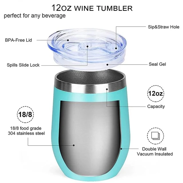 Edelstahl Stemless Weingläser, doppelwandiger vakuumisolierter Becher, mit Deckel, ideal für Wein, Kaffee, Getränke, Champagner, Cocktails Weiß