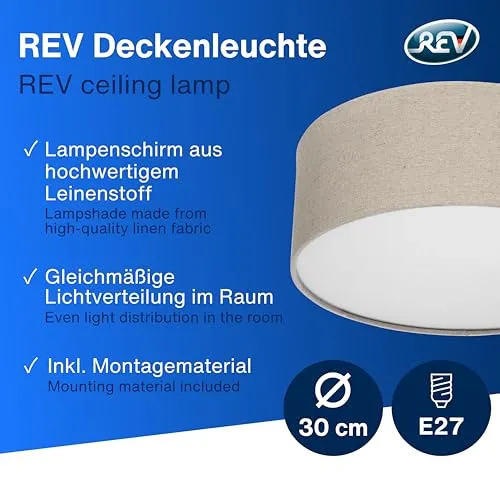 REV LED Deckenleuchte - 30cm, Stoff-Lampenschirm im Vintage Look, taupe