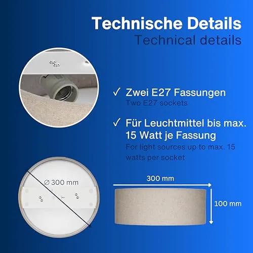 REV LED Deckenleuchte - 30cm, Stoff-Lampenschirm im Vintage Look, taupe