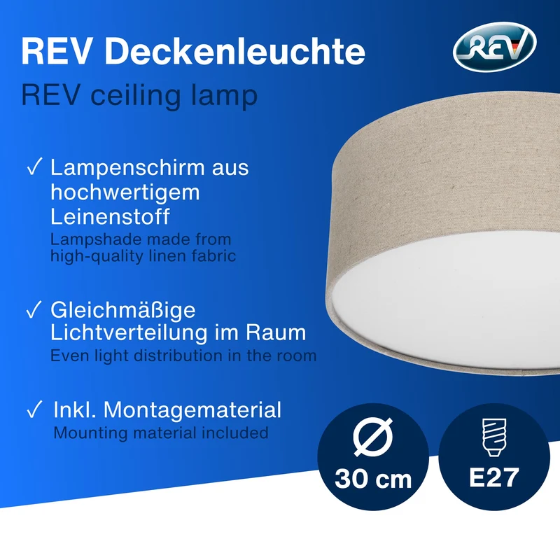REV LED Deckenleuchte - 30cm, Stoff-Lampenschirm im Vintage Look, taupe