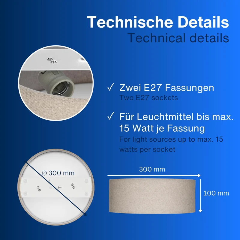 REV LED Deckenleuchte - 30cm, Stoff-Lampenschirm im Vintage Look, taupe