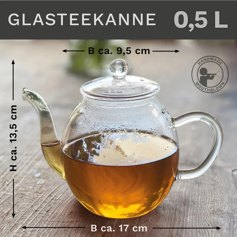 Creano Teekanne aus Glas mit Deckel für 500ml Tee aus Teeblumen, Teerosen und losem Tee sowie Teebeuteln - Dobin-Teekanne hochwertig, hitzebeständig