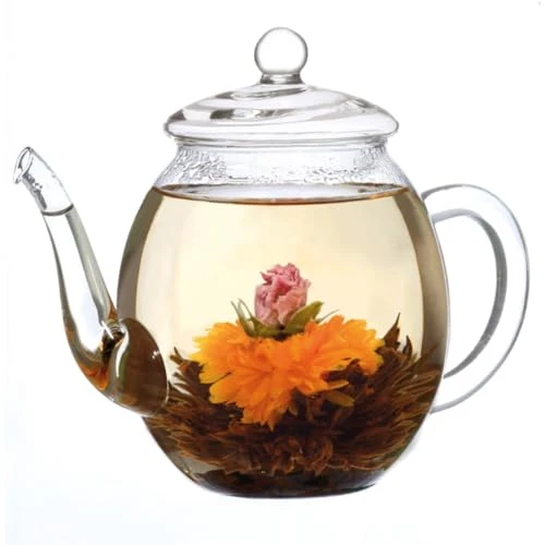 Creano Teekanne aus Glas mit Deckel für 500ml Tee aus Teeblumen, Teerosen und losem Tee sowie Teebeuteln - Dobin-Teekanne hochwertig, hitzebeständig