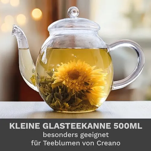 Creano Teekanne aus Glas mit Deckel für 500ml Tee aus Teeblumen, Teerosen und losem Tee sowie Teebeuteln - Dobin-Teekanne hochwertig, hitzebeständig