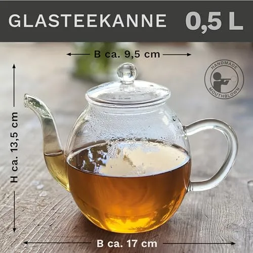 Creano Teekanne aus Glas mit Deckel für 500ml Tee aus Teeblumen, Teerosen und losem Tee sowie Teebeuteln - Dobin-Teekanne hochwertig, hitzebeständig