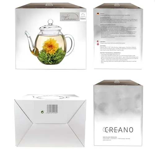 Creano Teekanne aus Glas mit Deckel für 500ml Tee aus Teeblumen, Teerosen und losem Tee sowie Teebeuteln - Dobin-Teekanne hochwertig, hitzebeständig
