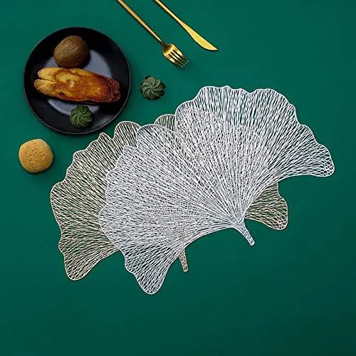 4er Pack Ginkgo Biloba Dekorative Tischsets PVC Tischsets Hohl Tisch Tischsets Hitzebeständig rutschfeste Tischsets Blatt Tischset für die Wohnküche (Silber)
