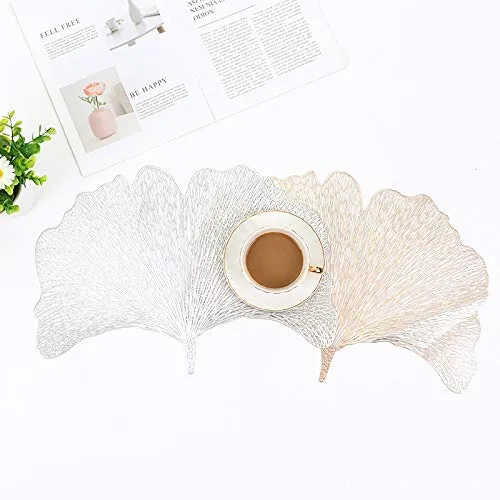 4er Pack Ginkgo Biloba Dekorative Tischsets PVC Tischsets Hohl Tisch Tischsets Hitzebeständig rutschfeste Tischsets Blatt Tischset für die Wohnküche (Silber)