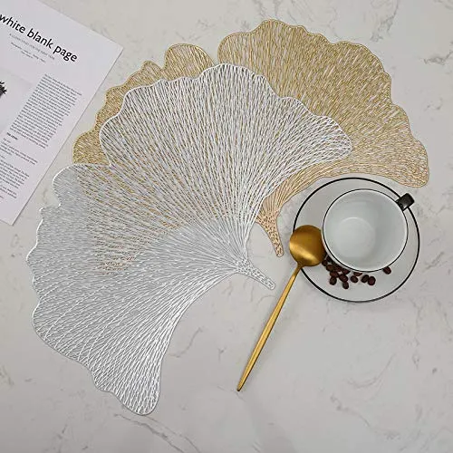 4er Pack Ginkgo Biloba Dekorative Tischsets PVC Tischsets Hohl Tisch Tischsets Hitzebeständig rutschfeste Tischsets Blatt Tischset für die Wohnküche (Silber)