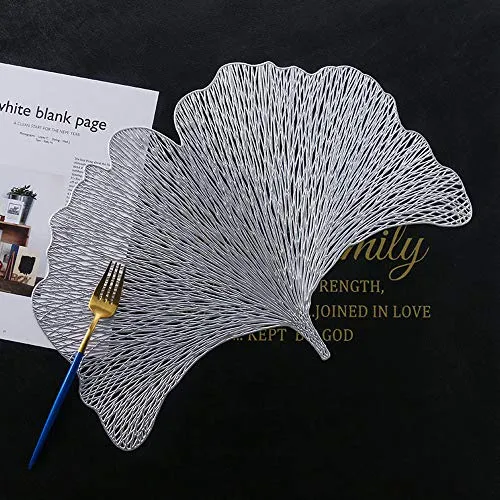 4er Pack Ginkgo Biloba Dekorative Tischsets PVC Tischsets Hohl Tisch Tischsets Hitzebeständig rutschfeste Tischsets Blatt Tischset für die Wohnküche (Silber)