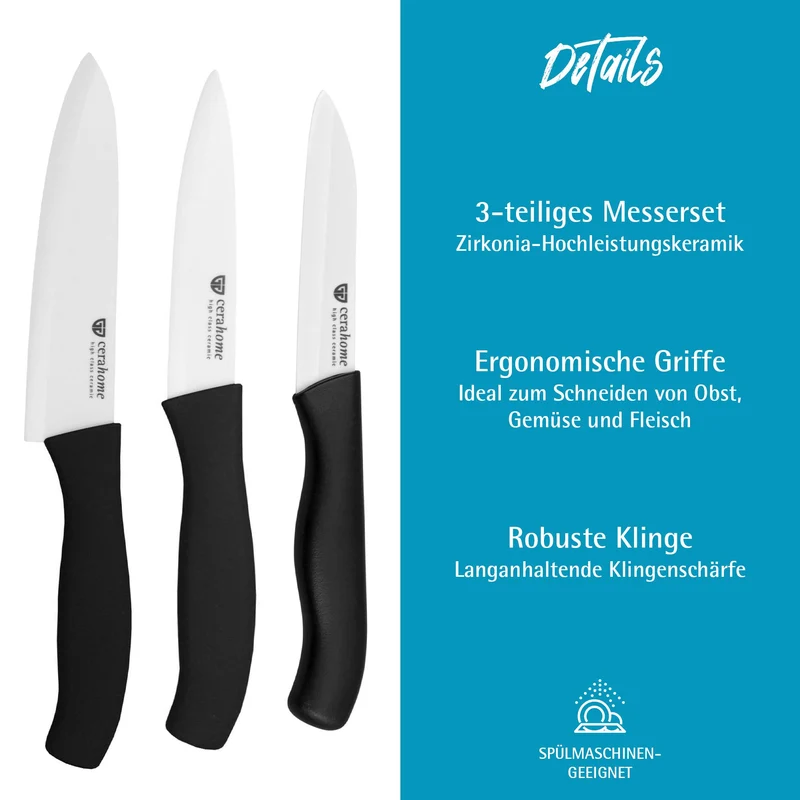 GRÄWE Keramikmesser Set, Scharf, 3er Pack Messerset, Küchenmesser, Gemüsemesser und Kochmesser aus Keramik - Serie Cerahome