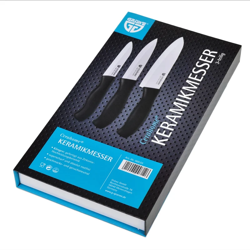 GRÄWE Keramikmesser Set, Scharf, 3er Pack Messerset, Küchenmesser, Gemüsemesser und Kochmesser aus Keramik - Serie Cerahome
